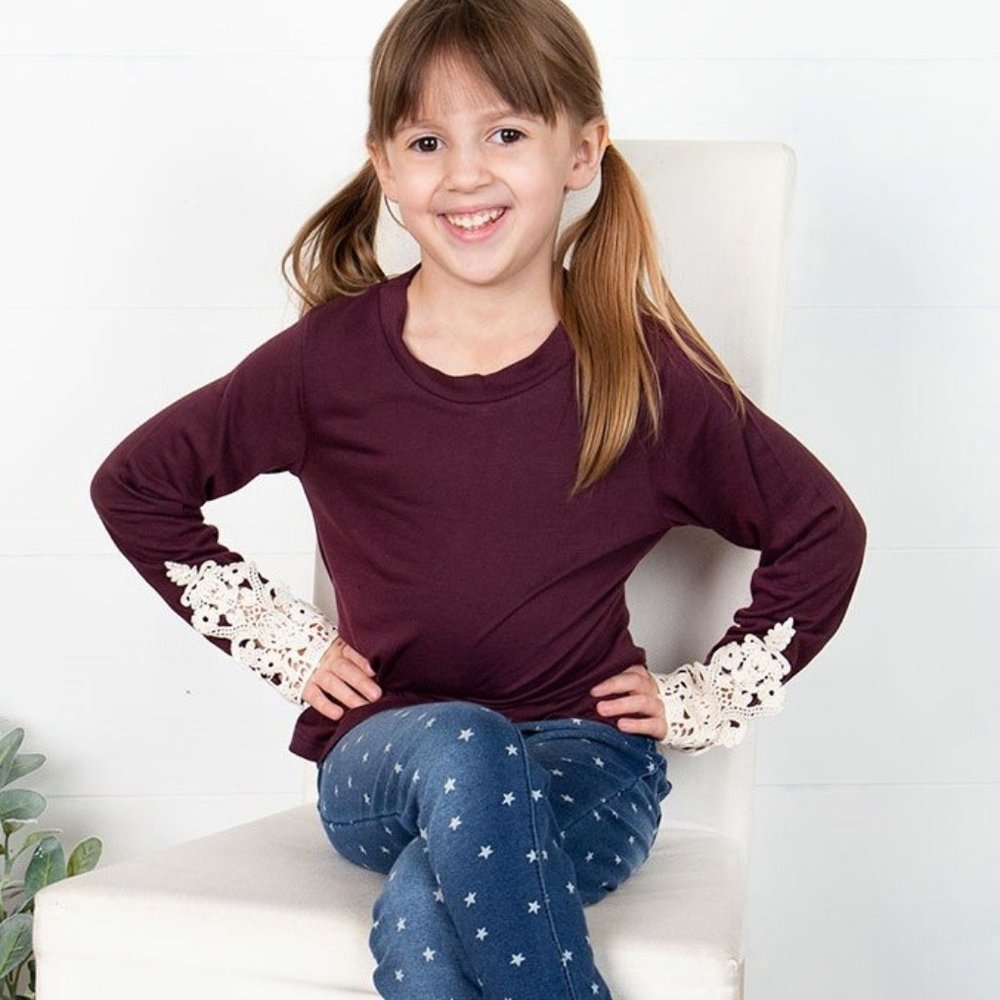 Girls plum top with lace accent